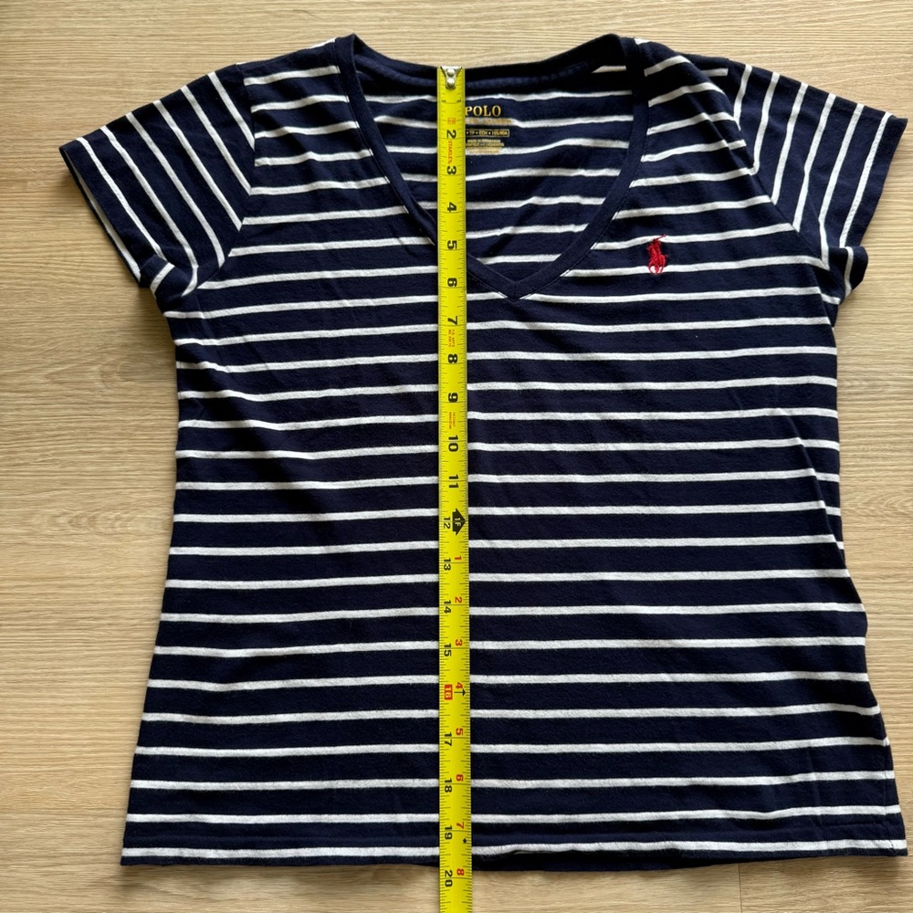 Polo Ralph Lauren Striped Navy and White Short Sleeve V- Neck Tee Red Pony Logo - Picture 4 of 7
